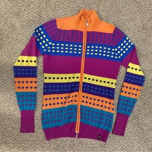 Neve Sweater Full 2-way Zip Merino Wool Blend L/S Colorful Polka Dot Sz Med EUC